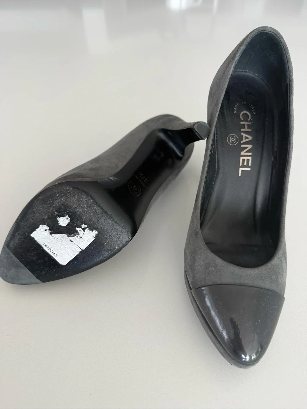 CHANEL Gray Suede and Black Patent Cap-Toe Pumps - Picture 2 of 10